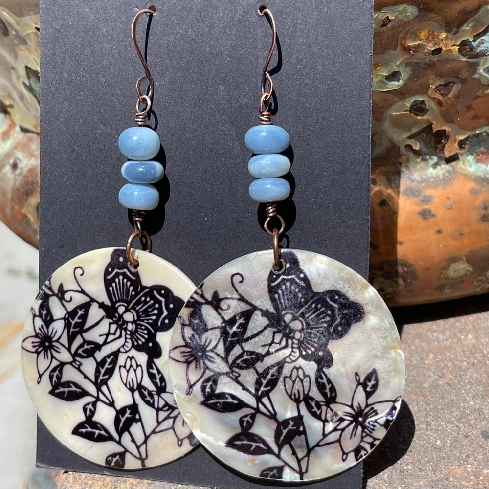 Blue Opal And Butterfly Seashell Copper Dangling Earrings - Picture 5 of 9